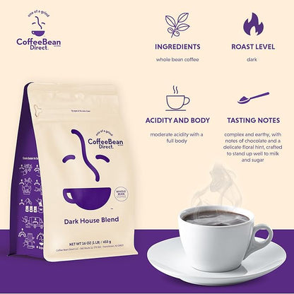 Coffee Bean Direct Dark House Blend, Whole Bean Coffee, Dark Roast, 1 Pound Bag (Pack of 1)