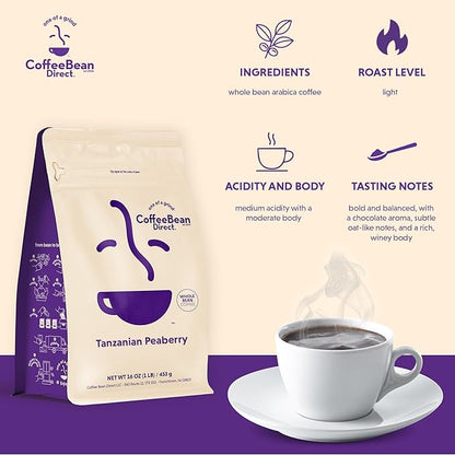Coffee Bean Direct Tanzanian Peaberry, Whole Bean Coffee, Light Roast, 1 Pound Bag (Pack of 1)