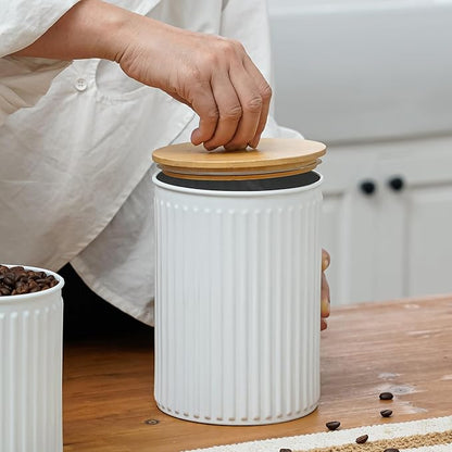 Kitchen Canister Set of 3 Tea Coffee Sugar Containers with Airtight Bamboo Lids Food Flour Storage for Countertop Metal White Vertical Stripe Pattern Embossed Farmhouse Decor
