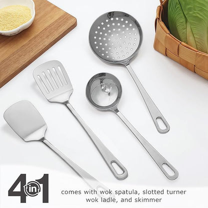 4pcs Cooking Utensils Set - Stainless Steel Kitchen Utensils, Heavy Duty Metal Kitchen Tools with Stainless Steel Spatula Solid & Slotted Turner, Ladle, Skimmer, Dishwasher Safe Easy to Clean