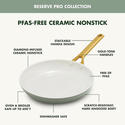 GreenPan Nonstick Reserve Pro 10 Piece Cookware Set, NSF Certified Ceramic, Hard Anodized PFAS-Free Pots & Pans Set with Lids, Stainless Steel Handles, Oven & Dishwasher Safe, Moss Green