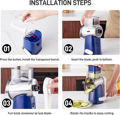 VEKAYA Cheese Grater, Cheese Grater Hand Crank, 4 Interchangeable Blades Cheese Shredder, Vegetable Slicer, Non-slip Suction Base, Easy to Clean Rotary Grater with Handle (Blue)