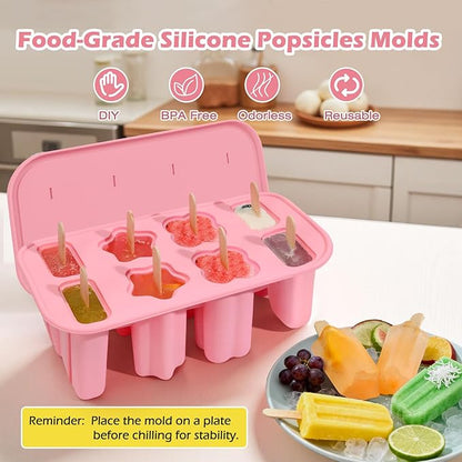 Popsicles Molds, 8-Cavity Silicone Popsicle Molds with 50 Sticks, BPA-Free Ice Pop Mold Popsicle Maker with Funnel & Cleaning Brush for Kids Adult Teens