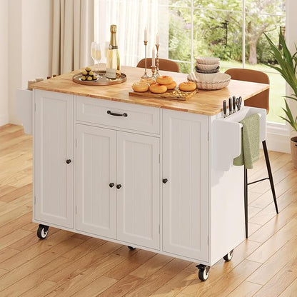 Ahomly Kitchen Island with Storage, 47.6" Rolling Kitchen Island on Wheels with Drop Leaf, Door Cabinet, Drawer, Spice Rack, Towel Rack and Knife Holder, Kitchen Cart Island Table for Kitchen, White
