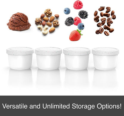 BALCI - 8oz Mini Ice Cream Containers with Silicone Lids (Set of 4) - Freezer Food Storage Containers, Reusable, LeakProof, For Homemade IceCream Containers - White with Sprinkles