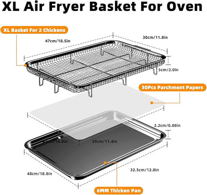 Air Fryer Basket for Oven, Extra Large 18.8" x 12.8" Oven Air Fryer Basket and Tray Set with 30 PCS Parchment Papers, DEGOVIN Stainless Steel Oven Pan and Crisper Tray (Black)