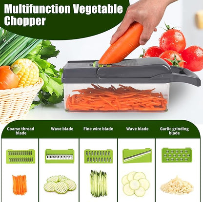 Multifunctional vegetable cutter 26 in 1 vegetable slicer, cucumber slicer, potatoes, tomatoes, zucchini, garlic, eggs, vegetable cutter with container and lid, salad cutter, dicing machine, shredder