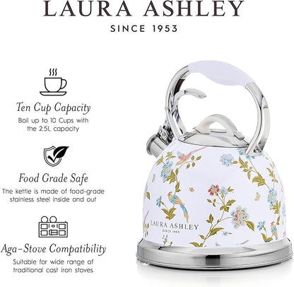 VQ Laura Ashley Elveden White 2.5L Stainless Steel Tea Kettle Stovetop Whistling Teapot for Induction, Gas Hob or others. Silicon Coated Cool Handle & Push Button Mechanism Vintage Stove Top Kettle