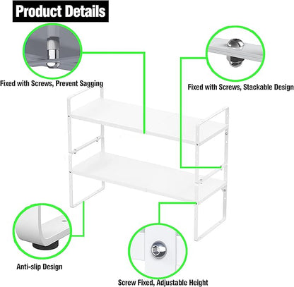 Expandable Kitchen Cabinet Storage Shelf, Stackable Metal Pantry Storage Shelves Organizer, Adjustable Height Counter Spice Rack for Kitchen Cabinet, Countertop, Pantry and Office