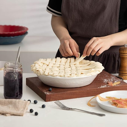 Fun Elements Pie Pan, 9 Inch Ceramic Pie Dish, Deep Dish Pie Pan with Lace Emboss, Ruffled Pie Plate for Baking, Thanksgiving Christmas Gifts(Bright White)