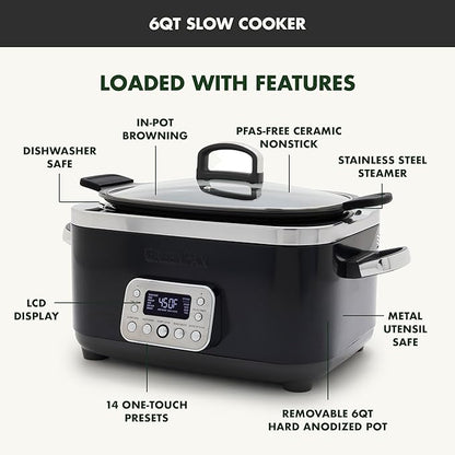 GreenPan Elite 14-in-1 Nonstick 6QT Electric Slow Cooker, PFAS-Free Ceramic Multi-Cooker, In-Pot Browning, Dishwasher Safe Lid & Removable Crock, Stainless Steel Steamer, Silicone Handles, Black