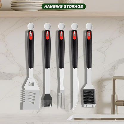Grilling Accessories Set Spatula Fork Cleaning Brush Food Tongs Carving Knife Basting Brush Durable Stainless Steel BBQ Grill Tools with Extra Thick Storage Case BBQ Accessories Grill Set