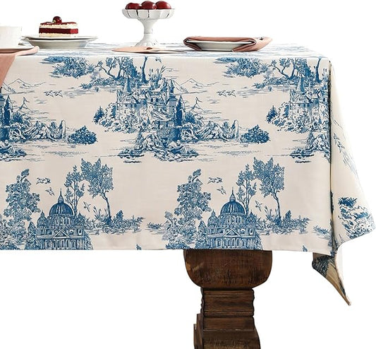patdrea Designer Vintage Cyan Extra Long Tablecloth for Rectangle Table,Linen Ancient Castle and Manor Pattern Tablecloths,Decor for Kitchen Dining Christmas,Thanksgiving,63"x110"-Lucerne a