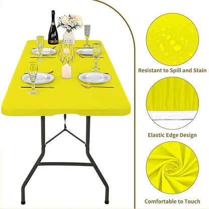 6 Pack Fitted Tablecloth for 8 Foot Rectangle Tables, Yellow Elastic Outdoor Picnic Table Cover, Washable Stretch Folding Table Cloths 8 ft for Camping Party Patio Kitchen Banquet, 30" W x 96" L