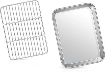 9 Inch Baking Sheet Pan with Rack Set, Joyfair Stainless Steel Toaster Oven Pans Tray & Cooling Racks for Cookie/Jelly Roll/Bacon/Meat, Commercial Metal & Rust-free, Dishwasher Safe