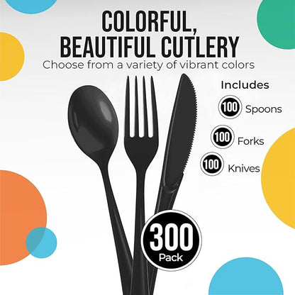Party Solids Black Plastic Silverware Heavy Duty 300 Pieces Black Plastic Cutlery Sets, Utensil Sets, 100 Of Each Forks, Knives & Spoons Disposable Cutlery Set, Flatware Set For Party Supplies