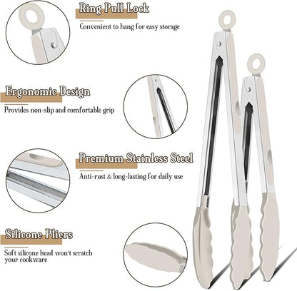 TeamFar Kitchen Tongs, 9" and 12" Stainless Steel Cooking Tongs with Silicone Tips for Cooking Grilling Serving & BBQ, Heat Resistant Silicone Tongs, Locking Design & Dishwasher Safe, Set of 2 & Khaki