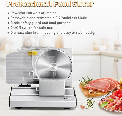Meat Slicer,CUSIMAX Electric Deli Meat Slicer with 2 Removable 8.7''Stainless Steel Blades,Removable Food Carriage,1-20mm Adjustable Thickness Food Slicer for Home,Easy for Cut Meat,Cheese,Bread