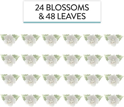 Global Sugar Art Blossoms and Leaves Edible Sugar Cake & Cupcake Flowers, White, Small Unwired, 24 Count with Leaves by Chef Alan Tetreault