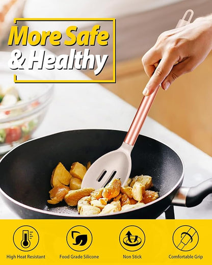 Pack of 2 Large Silicone Cooking Spoons,Non Stick Solid Basting Spoon,Heat-Resistant Kitchen Utensils for Mixing,Serving,Draining,Stirring (ROSE GOLD KHAKI)