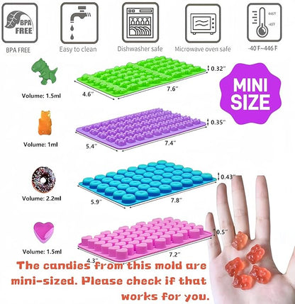Mini Silicone Gummy Bear Molds (0.7 Inch Bite-Sized) - Non-Stick Chocolate & Candy Mold for Kids, Includes Dinosaur, Bear, Hearts & Donut Shapes (201 Cavities) - 4 Pieces + 3 Droppers By ENBRWAS