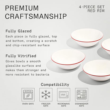 Made In Cookware - Set of 4 - Side Bowls - White With Red Rim - Porcelain England