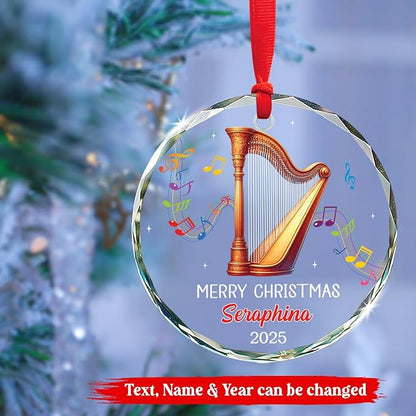Harpist Musical Christmas Tree Glass Ornament, Personalized Text & Name Harp Player Xmas Keepsake Gift, Musical Instrument Christmas Ornament Gifts for Harpist, Custom Harp Lover Glass Ornaments 2025