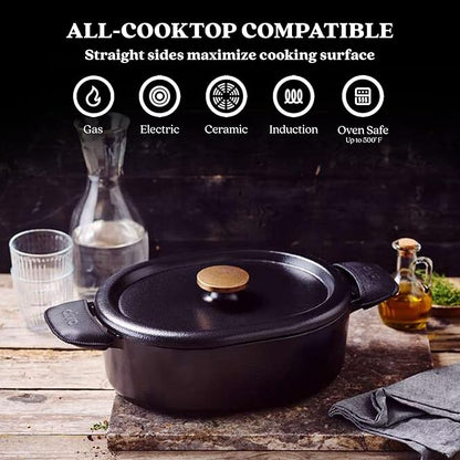 Alva Nori 6-Qt Enameled Cast Iron Dutch Oven – Made With No PTFE/PFOA/PFAS, Oven & Induction Safe – 3-Layer Enamel, No Seasoning Needed – Durable, Easy-Clean Cookware for Healthy Cooking, Black