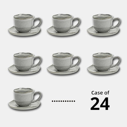 Organic Shape Restaurant 8oz Coffee Cup and Saucer, Commerical Grade Catering Stoneware Cups and Saucers in Ir-regular Organic Shape, Chip & Scratch Resistant, Glossy Reactive Glaze Grey, Case of 24