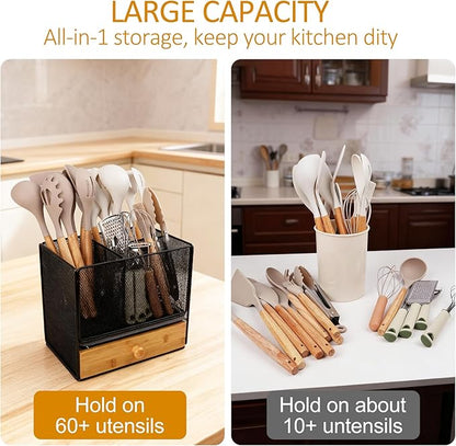 Kitchen Utensil Holder, 2-In-1 Large Utensil Holder Counter & Drawer Silverware Organizer Kitchen Countertop, 6 Compartment Caddy for Cooking and Flatware, With Quick Dry Diatomite Pad