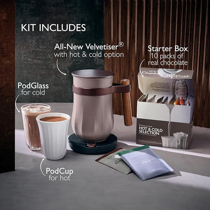 Hot & Cold Drinking Chocolate System - The ALL-NEW Velvetiser from Hotel Chocolat - Kit includes hot chocolate maker, 10 serving taster box, mug and glass - Chalk Edition
