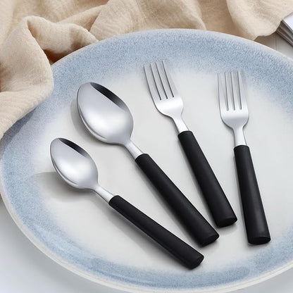 Pleafind 36Pcs Dessert Spoons Set (7.4 inches), Stainless Steel Mirror Polished Spoon with Black Frosted Handle, Spoons Silverware for Home, Kitchen, Restaurant, Dishwasher Safe
