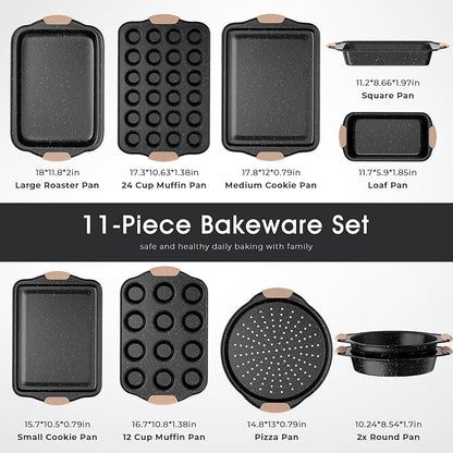 11-Piece Baking Pans Set, Nonstick Bakeware Sets, Oven Pans for Baking with Silicone Handles, Includes Cookie Sheet, Cake Pans, Loaf Pan, Pizza Pan, Muffin Pan, Khaki&Black