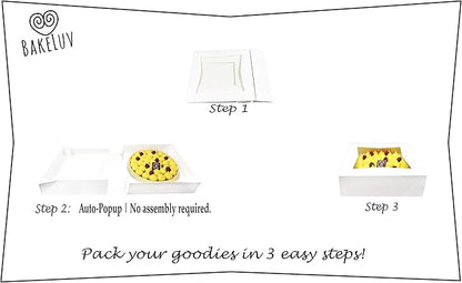 BAKELUV Pie Boxes for 9 Inch Pie | White, 50 Pack | 9x9x2.5 Bakery Box with Window, 9x9 Cookie Box, 9 Inch Pastry Boxes with Window Bulk, Cake Boxes, Auto Pop Up