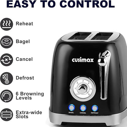 CUSIMAX Toaster 2 Slice with Extra Wide Slots for Bagels, Stainless Steel with 6 Toast Settings and 4 Functions, Bagel, Cancel, Defrost & Reheat, Removable Crumb Tray, Retro Toaster Black