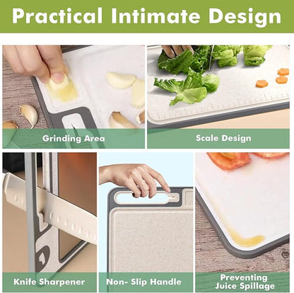 XIAPIA 2-in-1 Cutting Board Set (2 Pack), Stainless Steel & Plastic Cutting Boards for Kitchen, Metal Chopping Board Non Toxic & BPA Free, Built-in Knife Sharpener|Ginger Grater|Measurement Marks