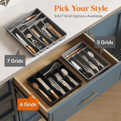 Lifewit Silverware Drawer Organizer Tray, Plastic Cutlery Storage for Kitchen Drawer, Flatware and Utensil Holder Divider for Spoons Forks Knives Tableware, 6 Compartment, Black