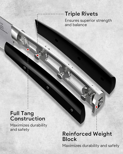 Knife Set, Kitchen Knife Block Sets with Sharpener, 6 Steak Knife Set Serrated with Block, 15 PCS Forged German Stainless Steel Rust Proof Knives, Dishwasher Safe Black, New Beveled Design