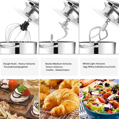 Seedeem 6.5QT Stand Mixer, 660W Tilt-Head Kitchen Electric Mixer with 6 Speeds, Dough Hook, Beater & Whisk, Dishwasher Safe Attachments, Silver