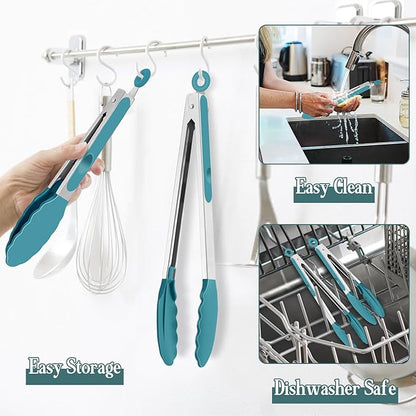TeamFar Kitchen Tongs, 9" and 12" Stainless Steel Cooking Tongs with Silicone Tips for Cooking Grilling Serving & BBQ, Heat Resistant Silicone Tongs, Locking Design & Dishwasher Safe, Set of 2 & Blue