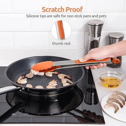 600ºF Heat Resistant Kitchen Tongs: U-Taste 12 inch Large Silicone Cooking Tong with Sturdy Non Stick Rubber Tips & Silicon Coated 18/8 Stainless Steel Handle & Smooth Locking for Serving Grill-Orange