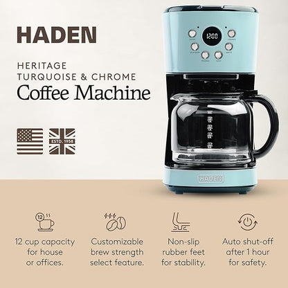 Haden Coffee Machine, 12 Cup Programmable Drip Coffee Maker with Auto Shut-Off Function and Reusable Washable Water Filter, Turquoise & Chrome