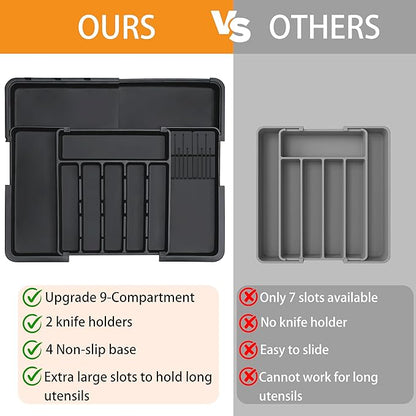 Homecor Silverware Organizer - Expandable Large Kitchen Drawer Organizer Utensil Organizer with 2 Removable Knife Blocks, 22"x 19"Cutlery Tray Drawer Dividers for Kitchen Flatware(6-9 Slots) (Black)