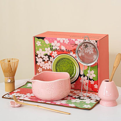 8 Pcs Matcha Whisk Set, Ceramic Matcha Bowl, Whisk and Holder, Bamboo Scoop and Powder Spoon, Scoop Rest, Sifter and Tea Towel, Matcha Set with Cherry Blossom Carved Patterns for Matcha Lovers (Pink)
