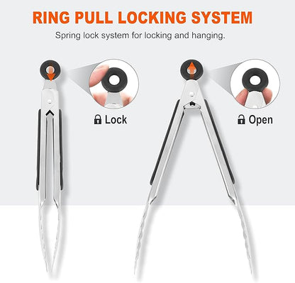 Anaeat 3 Pack 7" Mini Stainless Steel Locking Tongs - Sturdy Coiled Spring Kitchen Food Tong with Non-Slip Silicone Tips and Grip for Serving, Cooking, Baking and BBQ - Heat Resistant Metal Tongs