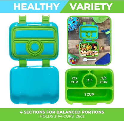 kinsho Bento Lunch Box for Kids Toddlers Boys, 4 Portion Sections Secure, BPA Free Removable Tray, Pre-School Kid Daycare Lunches Snack Container, Green Robot Ages 3 to 5