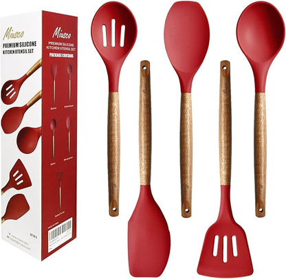 Kitchen Utensils Set, Silicone Cooking Utensils Set,Non-Stick Silicone Spatula Set with Natural Acacia Hard Wood Handle, 5 Piece, Upgraded Thickened Cookware