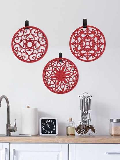 SMARTAKE 6 Set Silicone Trivets, Multi-Use Carved Trivet, Insulated Non-Slip Durable Kitchen Mats, Flexible Modern Kitchen Table Mat, for Hot Dishes, Pots, Dining Countertop, Red