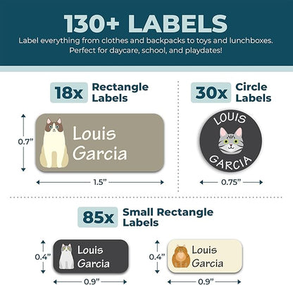 Personalized Daycare Name Labels for Kids (130 Labels) - Custom Waterproof Name Stickers for Clothing Tags, Water Bottles, Lunch Boxes and School Supplies (Cats)