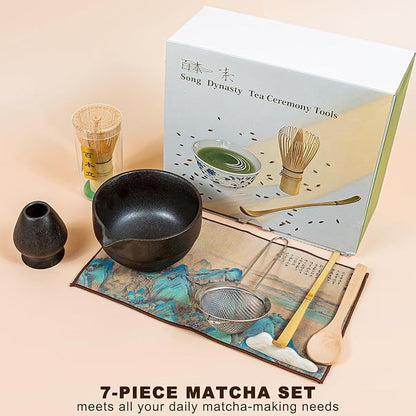 Matcha Set 7-Piece Tea Set with Brush, Bowl, Whisk, Strainer, Chasen, for Matcha Tea Ceremony (Black)